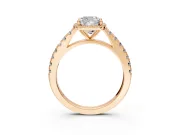 Halo Engagement Ring Setting for Cushion Cut Center with Full Pave Band and Prong Head in Rose Gold