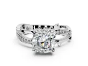 Solitaire Engagement Ring Setting for Cushion Cut Center with Pave and Plain Crossover Band and Prong Head in White Gold