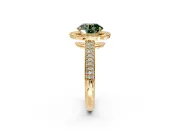 Milgrain Halo Engagement Ring Setting for Fancy Green Round Cut Center with Three-Sided Pave Band and Prong Head in Yellow Gold