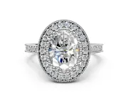 Halo Engagement Ring Setting for Oval Center with Milgrain Frame, Pave Band and Prong Head in White Gold