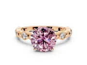 Solitaire Engagement Ring Setting for Fancy Pink Round Cut Center with Beaded Bezel Station Band and Prong Head in Rose Gold