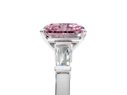 3 Stone Engagement Ring Setting for Fancy Pink Radiant Cut Center with Channel Baguette Accents and Prong Head in Sterling Silver