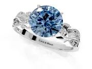 Leaf Engagement Ring Setting for Fancy Blue Round Cut Center with Milgrain Accent Band and Prong Head in Sterling Silver