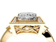 Halo Engagement Ring Setting for Princess Cut Center with Milgrain Rim, Pave Band and Prong Head in Yellow Gold