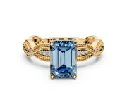 Solitaire Engagement Ring Setting for Fancy Blue Emerald Cut Center with Marquise Panel Band and Prong Head in Yellow Gold