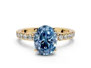 Solitaire Engagement Ring Setting for Fancy Blue Oval Center with Round Cut Pave Band and Prong Head in Yellow Gold