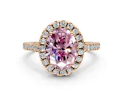 Halo Engagement Ring Setting for Fancy Pink Oval Center with Raised Halo, Pave Band and Prong Head in Rose Gold