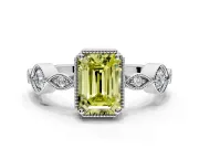 Vintage Station Engagement Ring Setting for Fancy Yellow Emerald Cut Center with Accents and Prong Head in White Gold