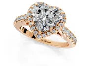 Halo Engagement Ring Setting for Heart-Shaped Center with Full Pave Band and Prong Head in Rose Gold