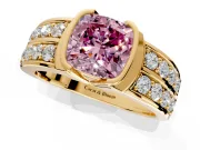 Bezel Engagement Ring Setting for Fancy Pink Cushion Cut Center with Wide Channel-Set Band and Bezel Head in Yellow Gold