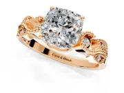 Leaf Engagement Ring Setting for Cushion Cut Center with Milgrain Accent Band and Prong Head in Rose Gold