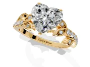 Leaf Motif Engagement Ring Setting for Heart-Shaped Center with Pave Band and Prong Head in Yellow Gold