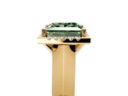 Halo Engagement Ring Setting for Fancy Green Princess Cut Center with Knife Ridge Cathedral Band and Prong Head in Yellow Gold