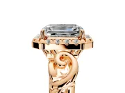 Halo Engagement Ring Setting for Emerald Cut Center with Open Scroll Shoulders and Prong Head in Rose Gold