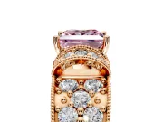 Pave Engagement Ring Setting for Fancy Pink Princess Cut Center with Curved Accent Rows, Openwork and Prong Head in Rose Gold