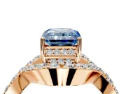 Halo Engagement Ring Setting for Fancy Blue Radiant Cut Center with Pave Infinity Twist Band and Prong Head in Rose Gold
