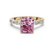 Baguette Engagement Ring Setting for Fancy Pink Radiant Cut Center with Alternating Bar-Set Band and Prong Head in Yellow Gold