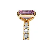 Solitaire Engagement Ring Setting for Fancy Pink Emerald Cut Center with Round Cut Pave Band and Prong Head in Yellow Gold
