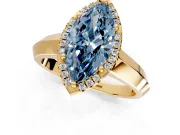 Halo Engagement Ring Setting for Fancy Blue Marquise Center with Knife Ridge Cathedral Band and Prong Head in Yellow Gold
