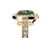 Bezel-Framed Halo Engagement Ring Setting for Fancy Green Radiant Cut Center with Pave Band and Prong Head in Yellow Gold