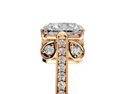 Cathedral Engagement Ring Setting for Radiant Cut Center with Antique-Style Pave Band and Prong Head in Rose Gold