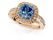 Halo Engagement Ring Setting for Fancy Blue Cushion Cut Center with Framed Halo, Pave Band and Prong Head in Rose Gold