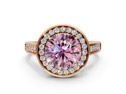 Halo Engagement Ring Setting for Fancy Pink Round Cut Center with Outer Bezel Rim, Pave Band and Prong Head in Rose Gold