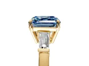 3 Stone Engagement Ring Setting for Fancy Blue Asscher Cut Center with Baguette Accents and Prong Head in Yellow Gold