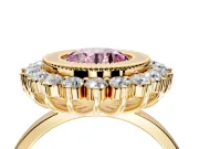 Halo Engagement Ring Setting for Fancy Pink Round Cut Center with Milgrain Bezel Rim, Plain Band and Prong Head in Yellow Gold