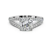 Solitaire Engagement Ring Setting for Cushion Cut Center with Pave Split Shank and Prong Head in Platinum