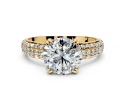 Solitaire Engagement Ring Setting for Round Cut Center with Multi-Row Pave Accents and Basket Head in Yellow Gold