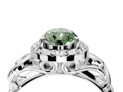 Halo Engagement Ring Setting for Fancy Green Pear-Shaped Center with Open Scroll Shoulders and Prong Head in Sterling Silver