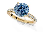 Solitaire Engagement Ring Setting for Fancy Blue Round Cut Center with Round Cut Pave Band and Prong Head in Yellow Gold