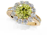 Halo Engagement Ring Setting for Fancy Yellow Round Cut Center with Milgrain Channel Band and Prong Head in Yellow Gold