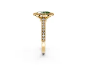 Halo Engagement Ring Setting for Fancy Green Oval Center with Milgrain Pave Band and Bezel Head in Yellow Gold