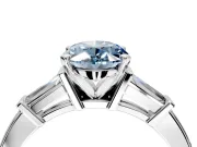 3 Stone Engagement Ring Setting for Fancy Blue Oval Center with Channel Baguette Accents and Prong Head in White Gold
