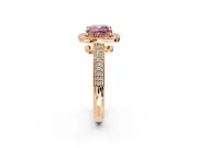 Milgrain Halo Engagement Ring Setting for Fancy Pink Cushion Cut Center with Three-Sided Pave Band and Prong Head in Rose Gold