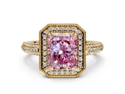 Milgrain Halo Engagement Ring Setting for Fancy Pink Radiant Cut Center with Three-Sided Pave Band and Prong Head in Yellow Gold