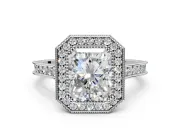 Halo Engagement Ring Setting for Radiant Cut Center with Milgrain Pave Band and Bezel Head in White Gold