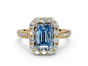 Floral Halo Engagement Ring Setting for Fancy Blue Emerald Cut Center with Large Halo Accents and Prong Head in Yellow Gold