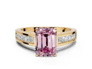 Solitaire Engagement Ring Setting for Fancy Pink Emerald Cut Center with Princess Cut Channel Band and Prong Head in Yellow Gold