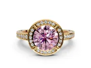 Halo Engagement Ring Setting for Fancy Pink Round Cut Center with Framed Halo, Pave Band and Prong Head in Yellow Gold