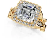 Halo Engagement Ring Setting for Asscher Cut Center with Leaf Motif Split Shank and Prong Head in Yellow Gold