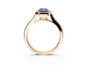 Halo Engagement Ring Setting for Fancy Blue Emerald Cut Center with Pave Accents, Heart Basket and Prong Head in Rose Gold