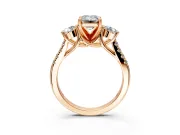 3 Stone Engagement Ring Setting for Emerald Cut Center with Crossover Basket, Pave Band and Prong Head in Rose Gold
