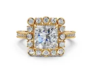 Milgrain Halo Engagement Ring Setting for Princess Cut Center with Bezel Point Accents and Prong Head in Yellow Gold