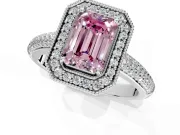 Milgrain Halo Engagement Ring Setting for Fancy Pink Emerald Cut Center with Three-Sided Pave Band and Prong Head in Sterling Silver