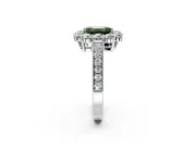 Halo Engagement Ring Setting for Fancy Green Emerald Cut Center with Milgrain Channel Band and Prong Head in White Gold
