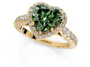Halo Engagement Ring Setting for Fancy Green Heart-Shaped Center with Full Pave Band and Prong Head in Yellow Gold