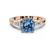 3 Stone Engagement Ring Setting for Fancy Blue Cushion Cut Center with Baguette Accents and Prong Head in Rose Gold